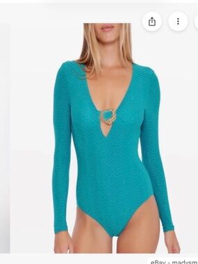 NWT $172 Trina Turk Empire Plunge Long-Sleeve One-Piece Paddle Suit, Med